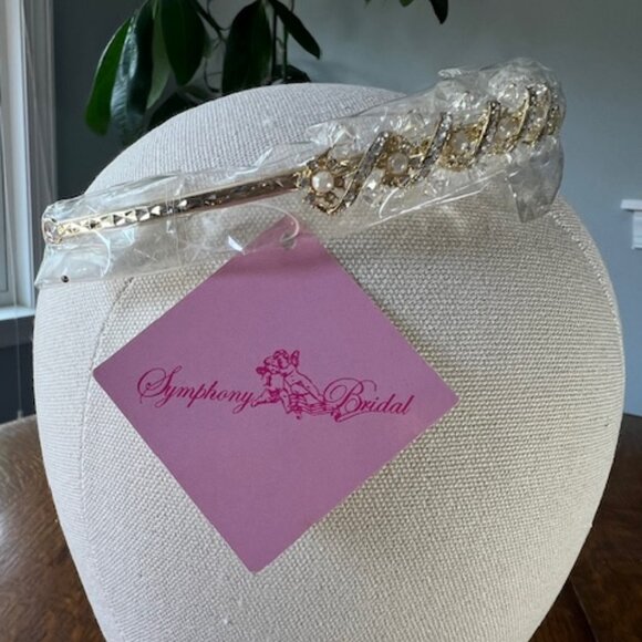 NWT Symphony Bridal Headpiece Round Gold with Rhinestone/Pearl main image 5